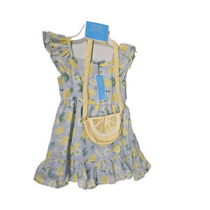 Draper James Girls Dress Blue Yellow Lemon Print Flutter Sleeves Size 4 New